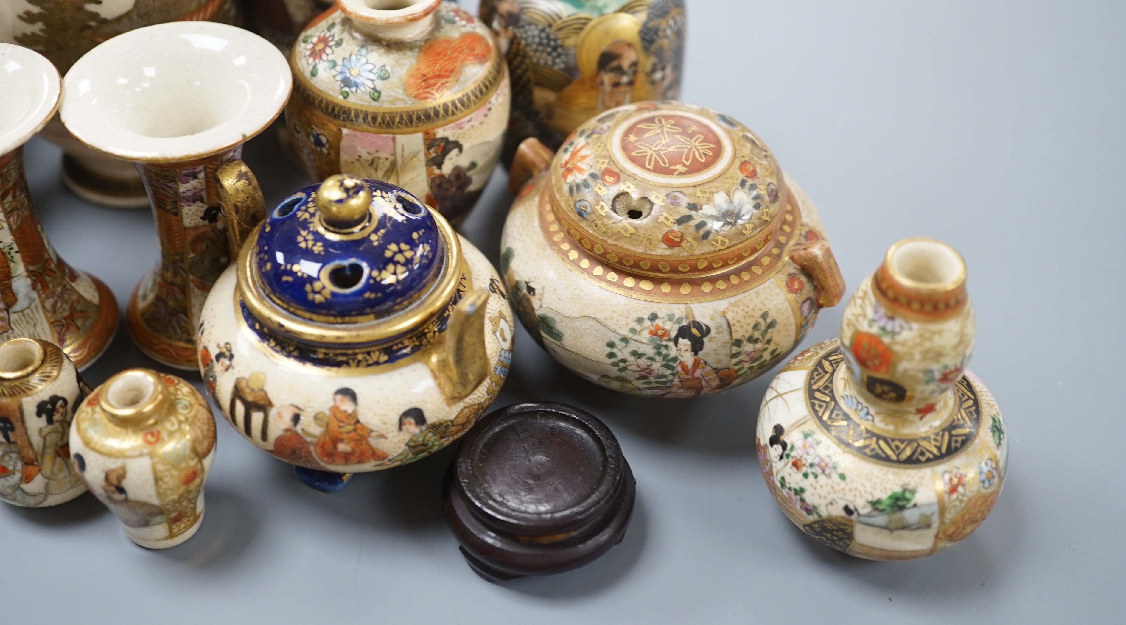 A group of small and miniature Satsuma pottery vases, koros and covers and dishes, late 19th/early 20th century, 3cm - 12cm